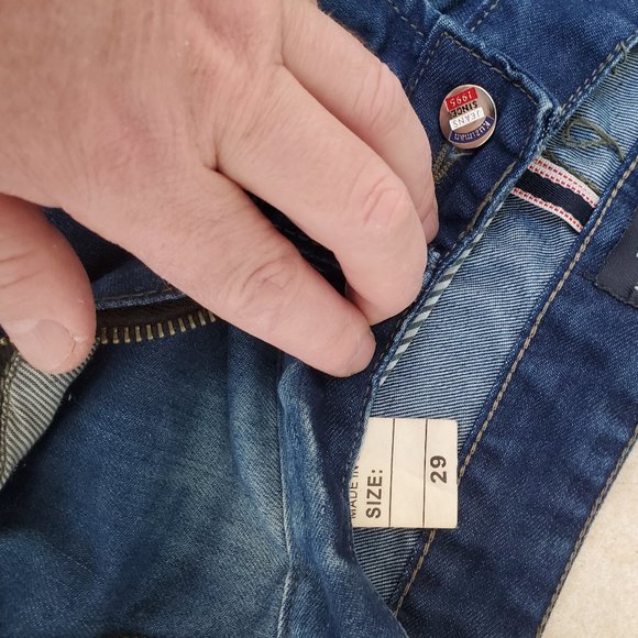 Red Zipper Accent Distressed Fade Blue Stretchy Denim Skinny Jeans - Picture 5 of 10